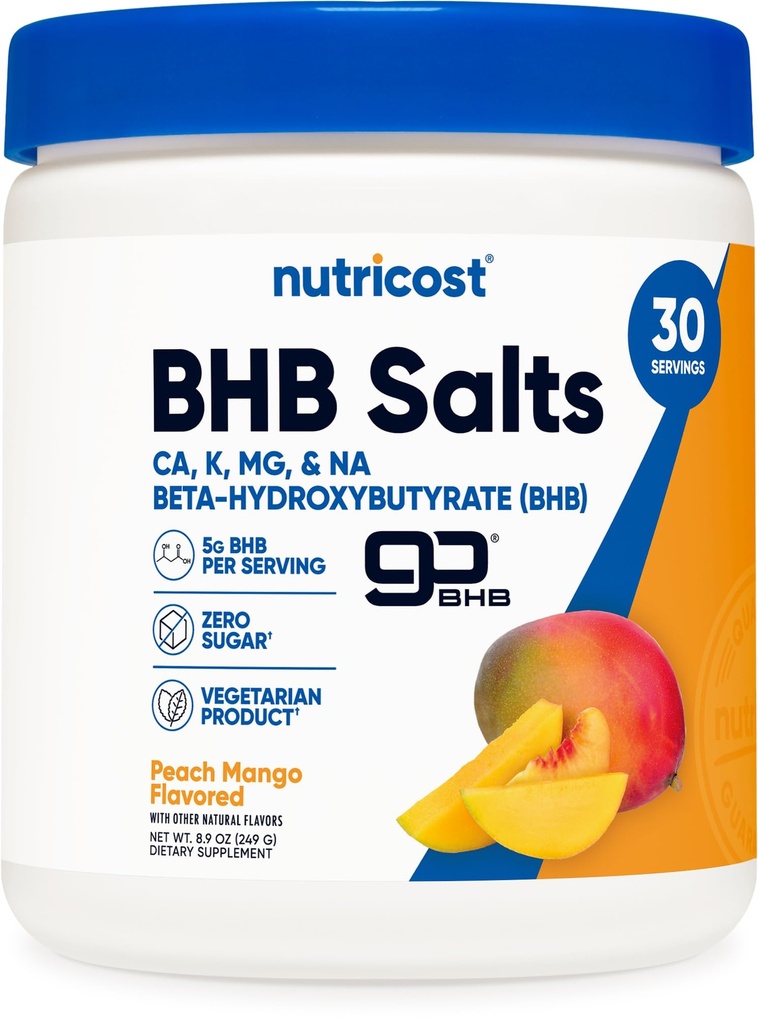 Nutricost BHB Salts Drink Mix (30 Servings, Peach Mango Flavored) (5G BHB Per Serving) - 0G Total de Açúcares, Produto vegetariano