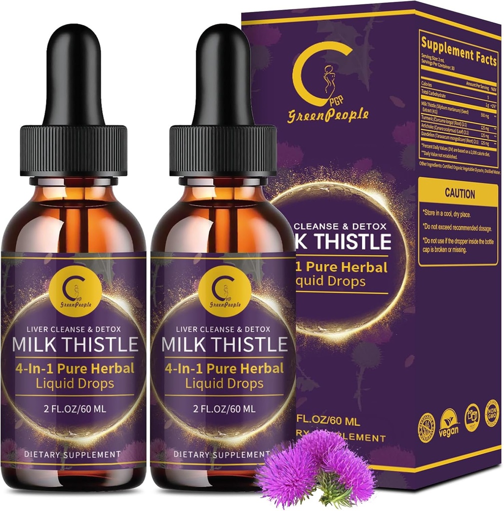 (2 Pack) Líquido de cardo de leite gotas para o fígado limpar detox e reparo, Suplemento de cardo de leite com raiz de dente-de-leão, alcachofra e açafrão para apoio ao fígado e saúde imunológica, Vegan, Não-GMO, 4 FL OZ