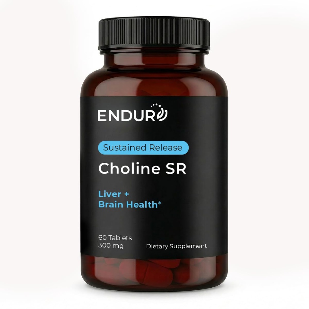 Endur Choline L(+) Bitartrato, liberação sustentada Cérebro e suplemento de apoio ao fígado, Pré-natal seguro, Vegan, Não-GMO, Sem glúten, 300mg (60 comprimidos)