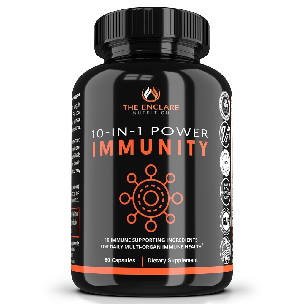 NUTRIÇÃO ENCLARE 10 em 1 Suplemento de reforço de suporte imunológico com Echinacea, Vitamina C e Zinco, Açafrão, Ginger, B6, Elderberry para adultos Imunidade Defesa Vitaminas, Made in USA Veg Cap 60 Ct (1)