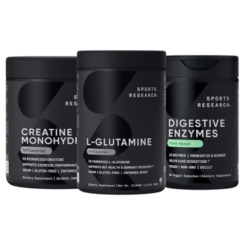 Pesquisa Desportiva L-Glutamina (100 Servões), Creatina Mono-hidratada (60 Servões) e Enzimas Digestivas com Probióticos & Ginger (90 Servões) - Todos Não-GMO Verificado, Vegan & Gluten Livre