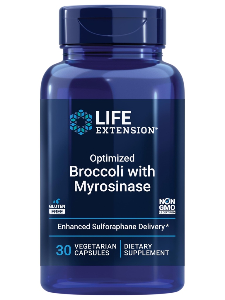 Extensão de vida Brócolos otimizados com Myrosinase, Suplemento Fígado e Detox, Avançada biodisponível, Once-Daily, Não-GMO, Vegetarian, Gluten-Free, 30 Cápsulas