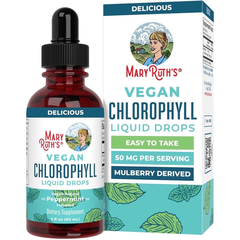 MaryRuth Organics Chlorophyll Liquid Drops Projeto Clean Label Certified® Vegan ou não-diluído Clorophyll líquido Mulberry Derived Supplement for 14+ □ Não-GMO