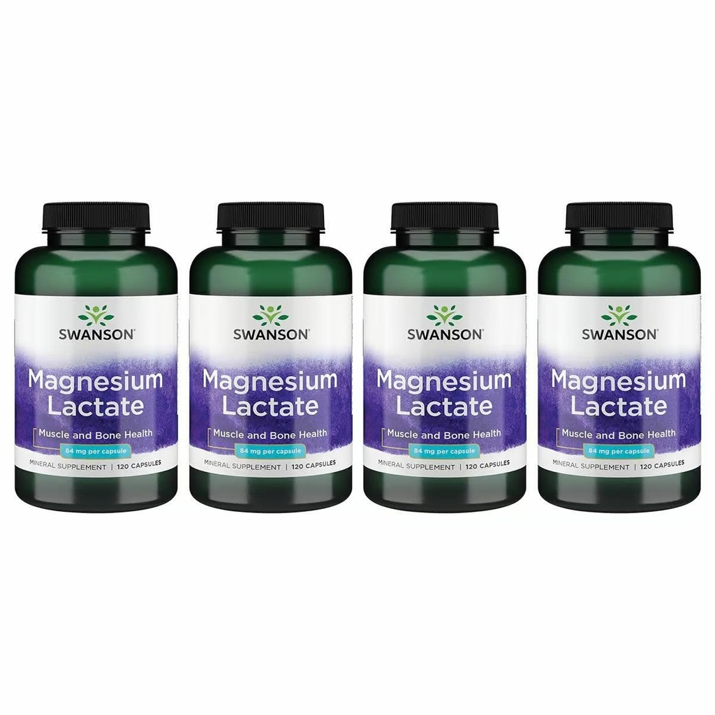 Lactato de Magnésio de Swanson - Suplemento Mineral Promovendo Apoio à Saúde Muscular e Óssea - Forma Mineral de Lactato Sem Lactose para Absorção Gentil - (120 Cápsulas, 84mg Cada) 4 Embalagem