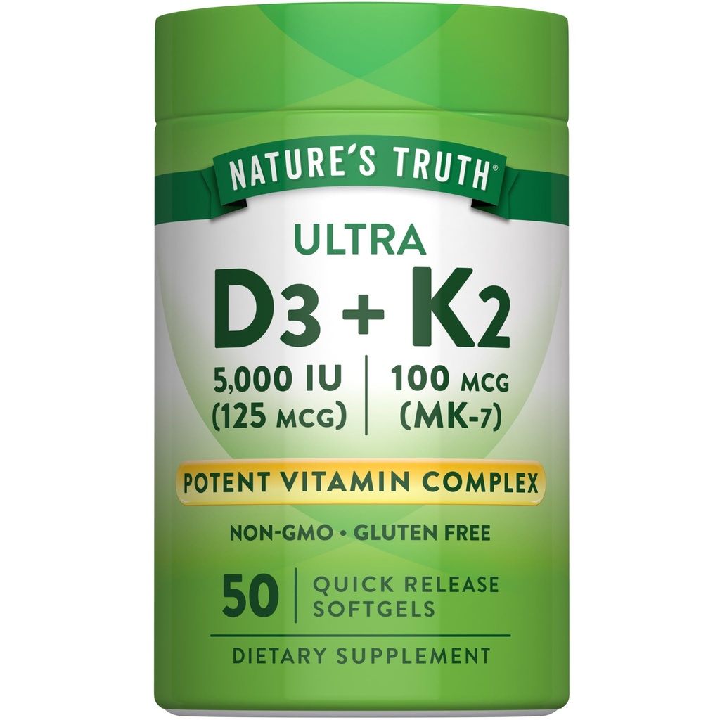 Vitamina K2 MK7 da verdade da natureza Complexo de 100 mcg, 50 softgels, com D3, sem OGM e sem glúten