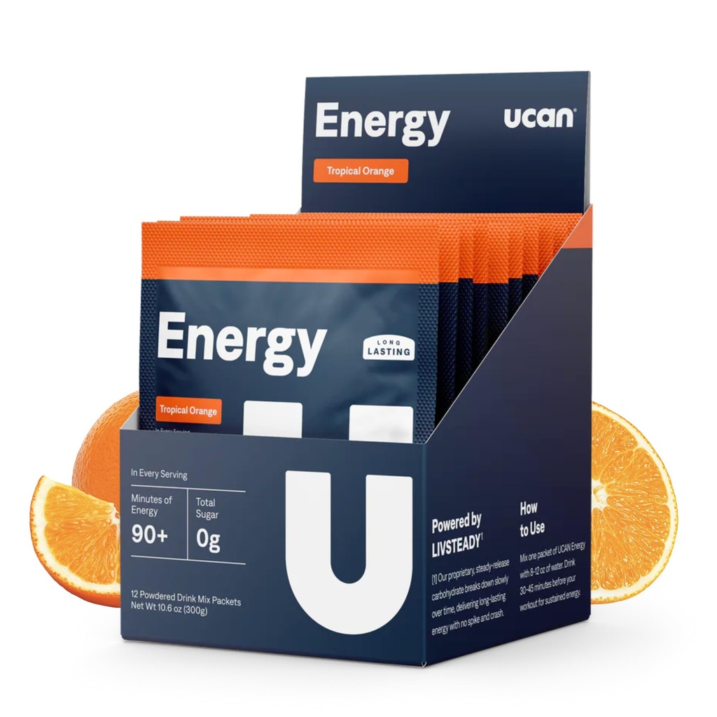 UCAN Energia Pó, Laranja Tropical, Keto, Sugar-Free Pré & Pós treino para homens e mulheres, Não-GMO, Vegan, Gluten-Free, Ótimo para corredores, Gym-Goers e Atletas de alta performance (12 Servings, 25g)