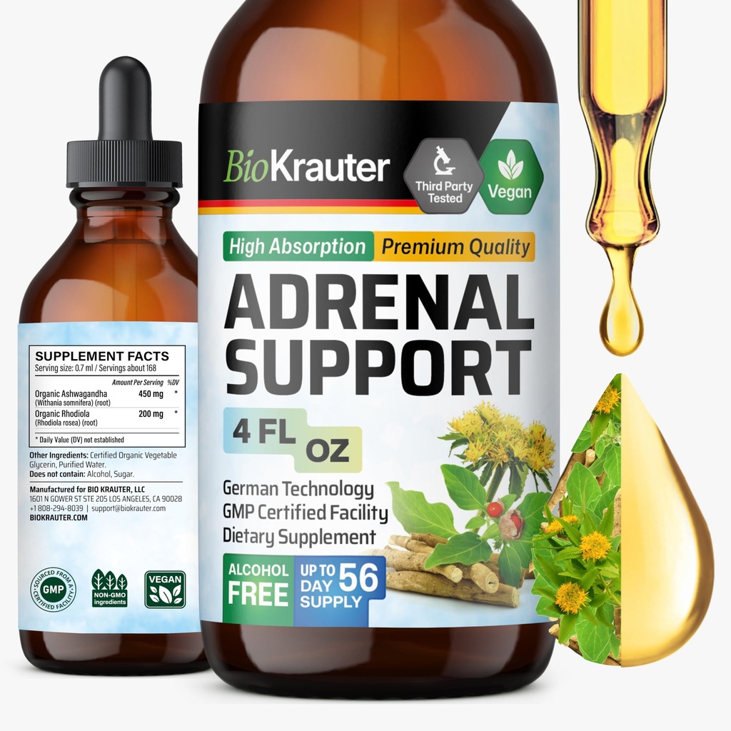 BIO KRAUTER Suporte adrenal Tintura - Rhodiola & Ashwagandha Suplementos - Vegan Mood Support Drops 4 Fl.Oz.
