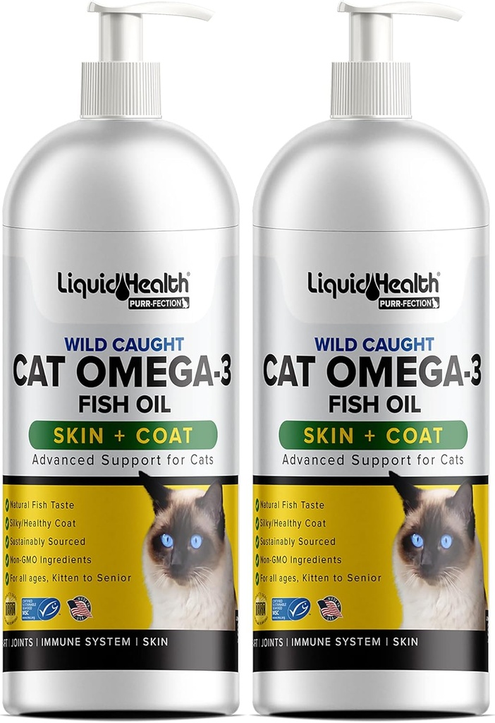 Animais de estimação de saúde líquida Wild Caught Omega 3 Fish Oil for Cats - Liquid Omega 3 Suplemento para gatos com EPA+DPA+DHA - Reduzir Coceira, Junta de Apoio, Imunidade, Cérebro, Saúde do Coração - Made in the USA (2 Pack)