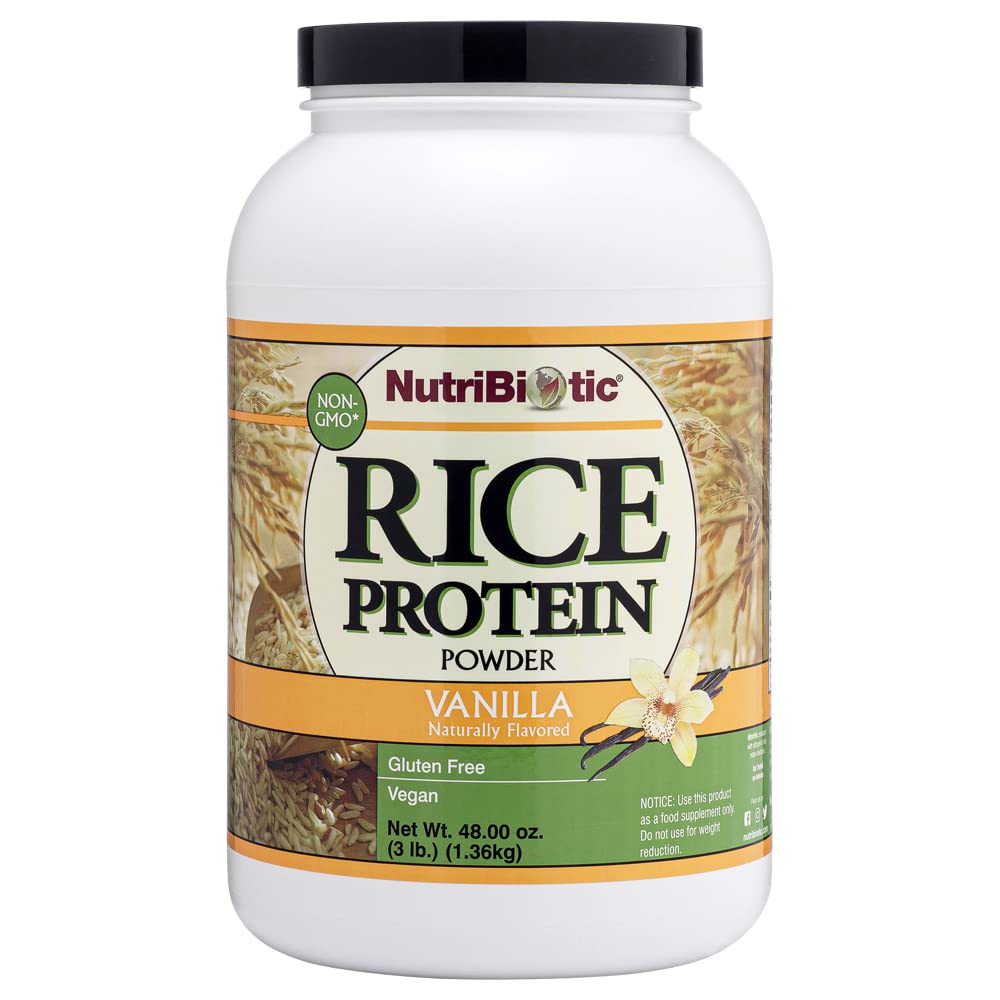 NutriBiotic – Vanilla Rice Protein, 3 Lb (1.36kg) □ Carbo baixo, Keto-Friendly, Vegan, Pó de proteína crua