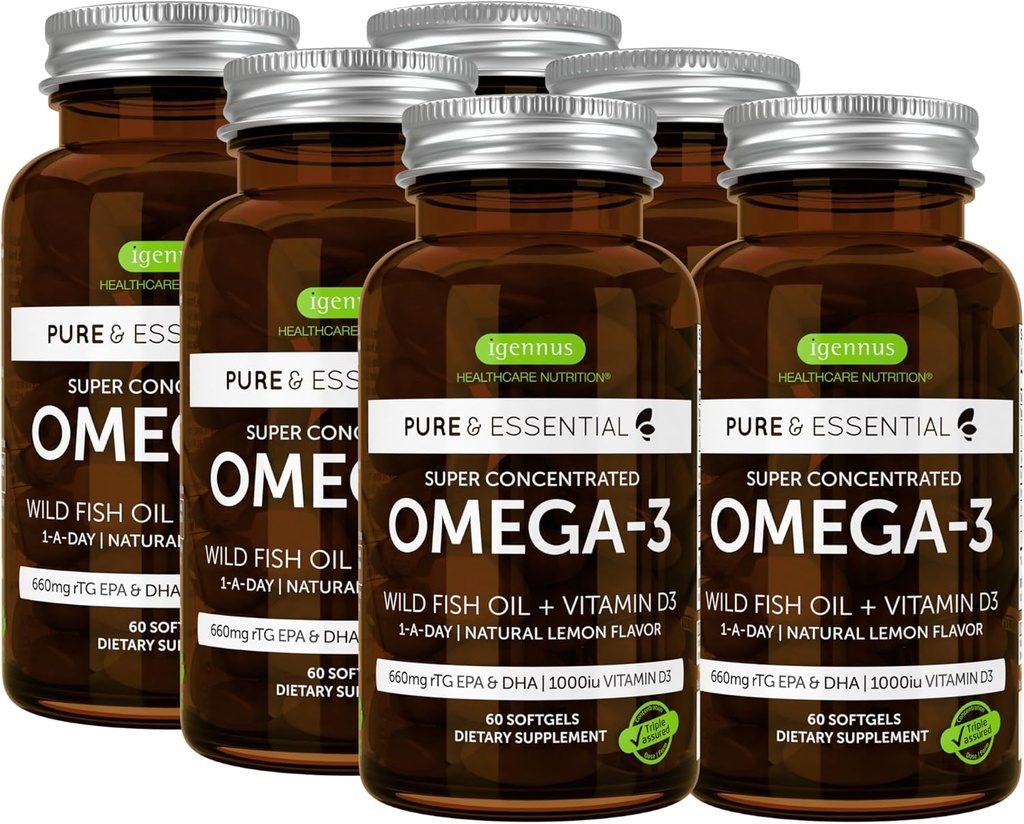Igennus Advanced rTG Omega-3 IFOS Certified Wild Fish Oil & Vitamina D3, 1-a-dia, ácidos gordos EPA & DHA, forma de triglicérido de ação rápida, Ultra puro e não-GMO, 360 Softgels