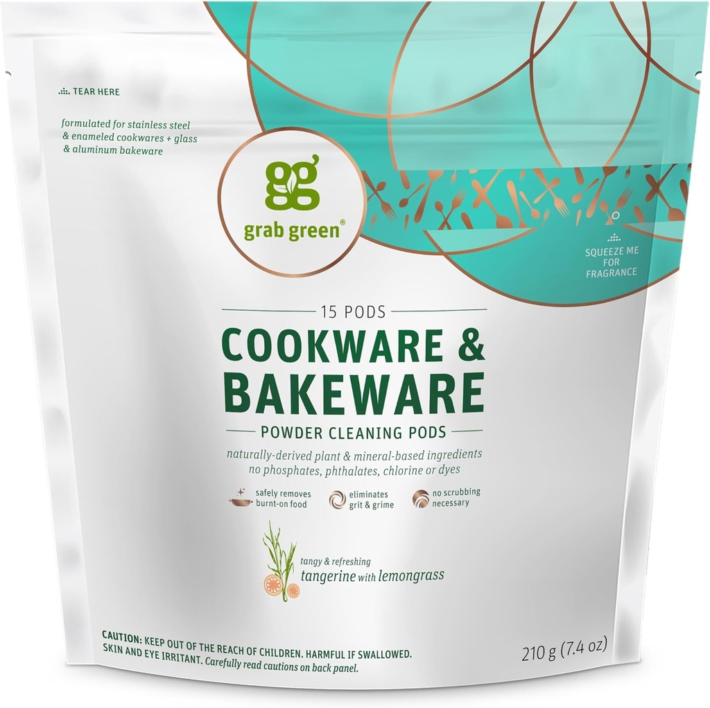 Pegue Green Cookware e Bakeware Cleaner Pods, 15 Pods, Tangerina Lemongrass cheiro, planta e mineral com base, remove alimentos queimados, elimina manchas