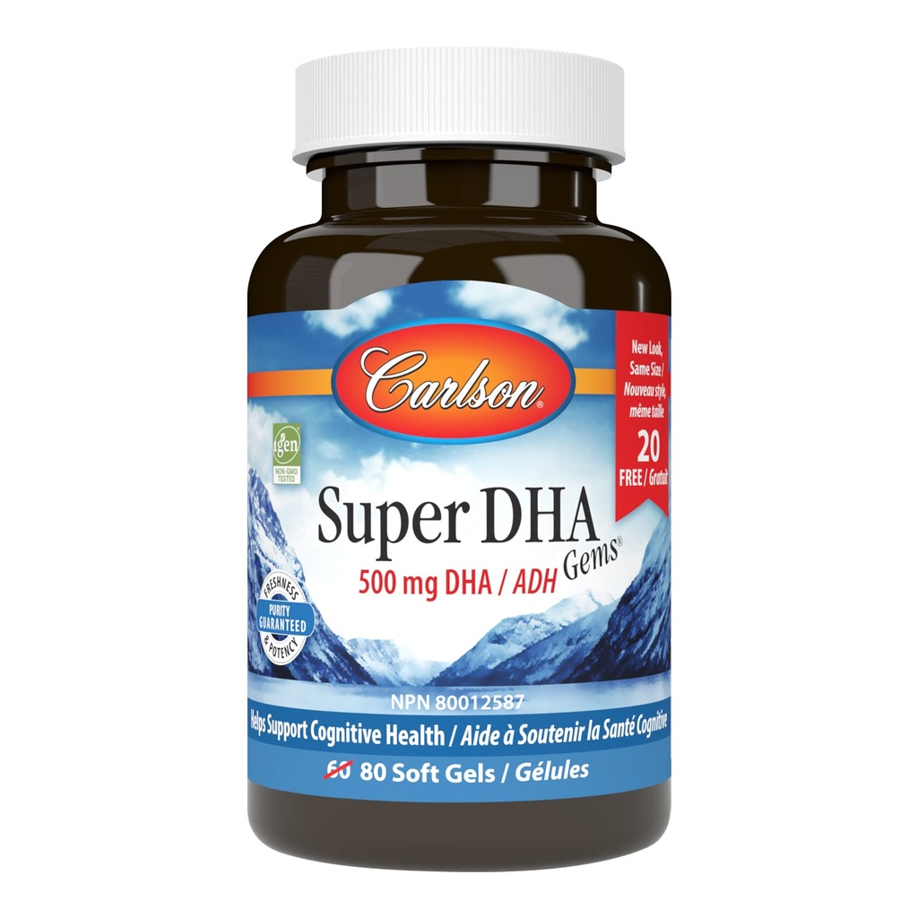 Carlson - Super DHA Gems, 500 mg Suplementos DHA, 640 mg ácidos gordos, Wild-Caught Norueguês Arctic Fish Oil Concentrate, Sustainablely Sourced Nordic Fish Oil Cápsulas, 60+20 Softgels