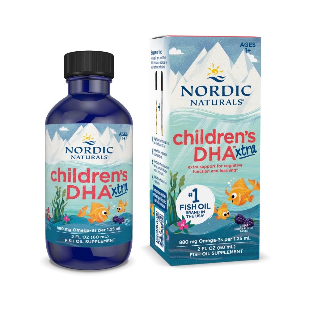 Naturals Nordic Children's DHA Xtra, Berry Punch - 2 onças para crianças - 880 mg Total Omega-3s com EPA & DHA - Função Cognitiva e Imunitária, Aprendizagem, Desenvolvimento Social - Não-GMO - 48 Servings