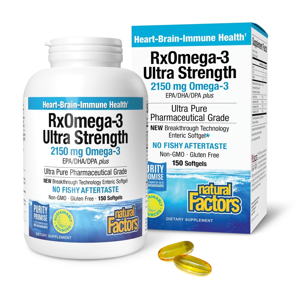 Fatores naturais RxOmega-3 Ultra Força - Suplemento dietético para apoio à saúde do cérebro e coração - Suplemento de saúde ocular com EPA & DHA - Suplemento com ácidos gordos Omega-3 - 150 Softgels (75 Servings)