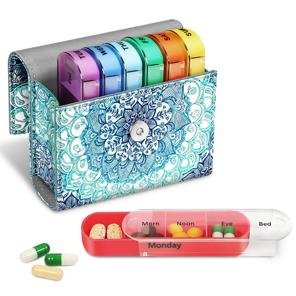 FINPAC Organizadores de comprimidos semanais 4 vezes por dia, Slide Open PU Couro caso viagem Pill Vitamina Medicine lembrete e Planner com cartão de nome para a tarde .