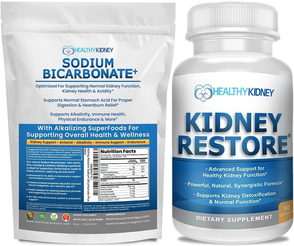 Rim Restaurar Bicarbonato de sódio orgânico Suplemento alcalino 1LB Cleanse 60 Caps Bundle – Suporta Saúde do Rim, Neutraliza Ácido Estômago, Superalimentos Alcalinos, Suporte Imune, Antiácido e Vitaminas f