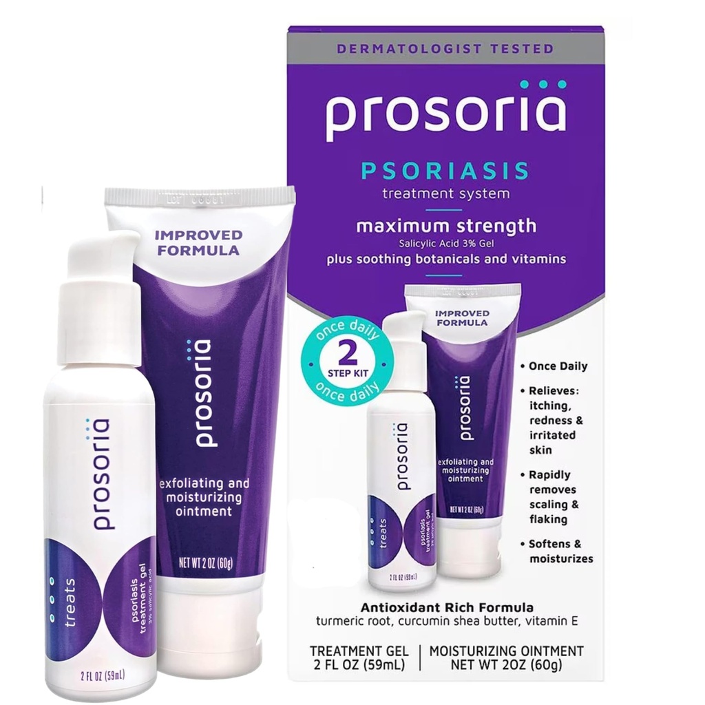 Sistema de tratamento de Prosoria Kit único – 2 onças de alívio de Psoríase poderosa com ácido salicílico, açafrão, manteiga de karité & vitaminas de gel & unção para escalar, flaking, secura, coceira & alívio da vermelhidão