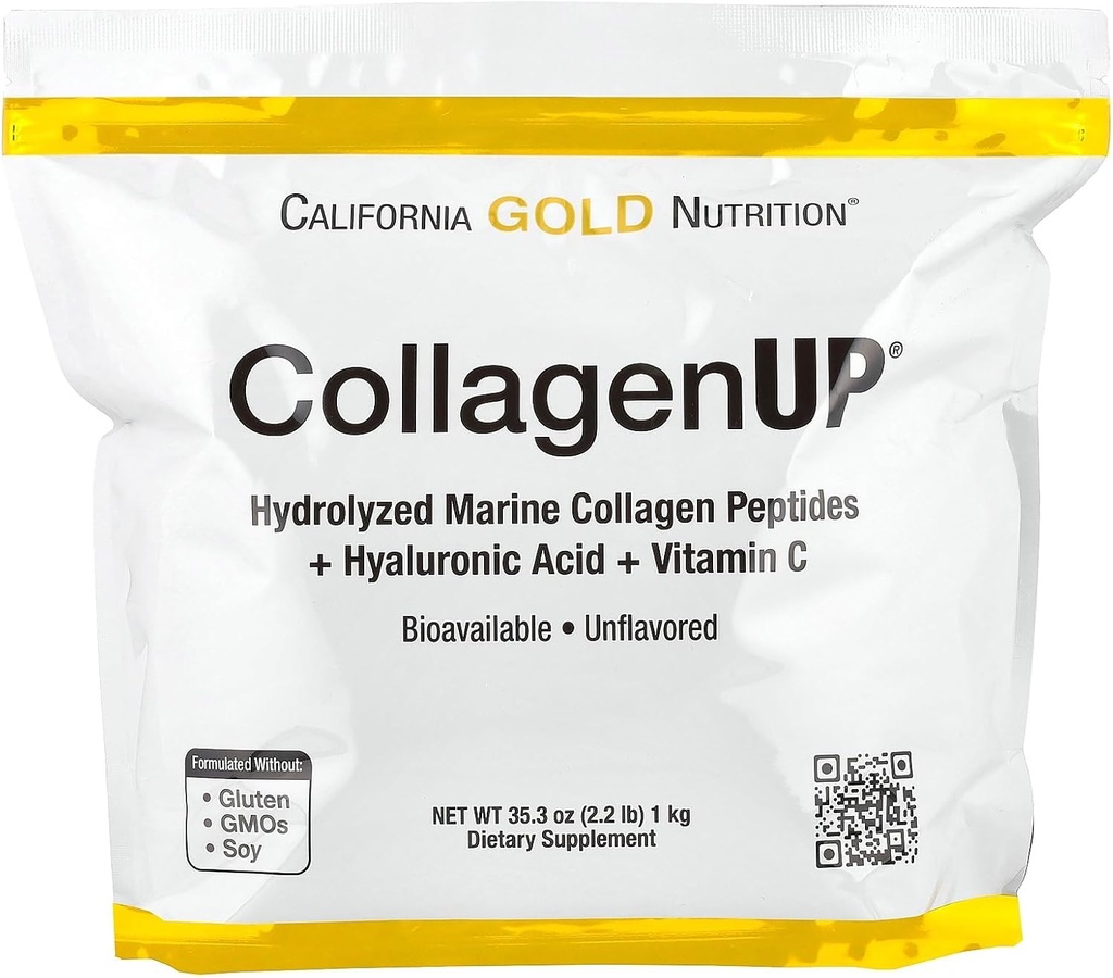 Califórnia Gold Nutrition CollagenUP®, Peptídeos de Colágeno Marinho Hidrolisado com Ácido Hialurônico e Vitamina C, Sem sabor, 2,2 lb (1 kg)