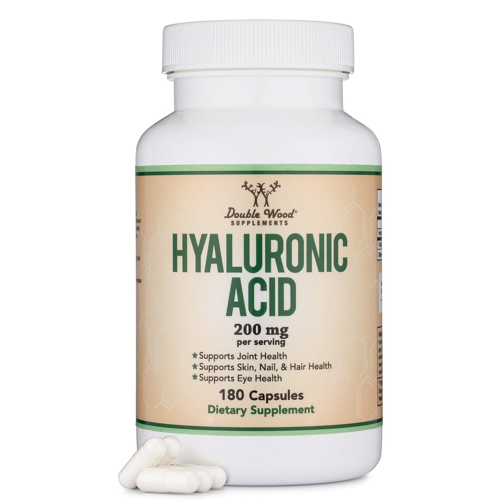 Suplementos de Ácido Hialurônico -180 Cápsulas (Eficazes Efeitos do Ácido Hialurônico Sérum para Face) 200mg Por Serviço para suporte de envelhecimento da pele e rosto (Acido Hialuronico) Gluten Free by Double Wood
