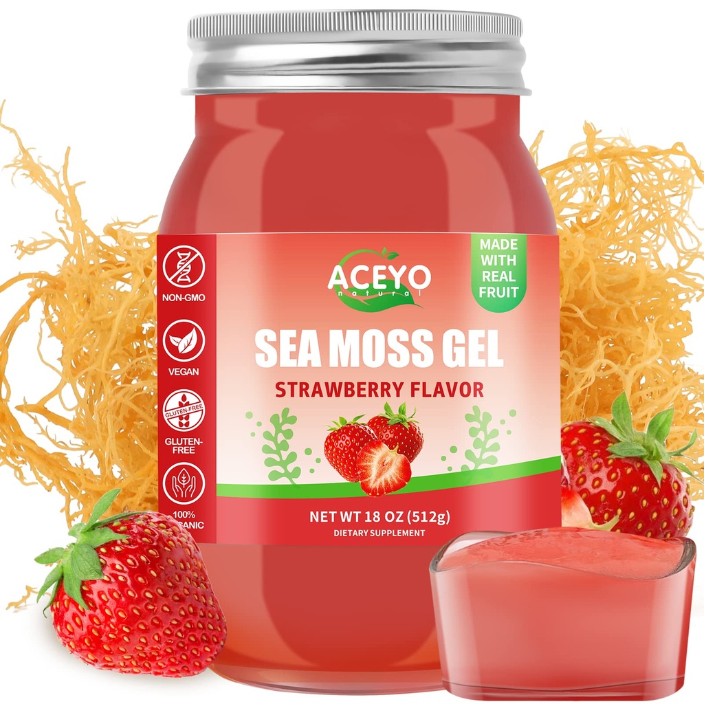 ACEYO (18 OZ) Irish Sea Moss Gel Raw Vegan Strawberry Flavor 102 Vitaminas e Minerais Selvagem Colhida Não-GMO Imune Defesa Booster Thyroid Digestive Support