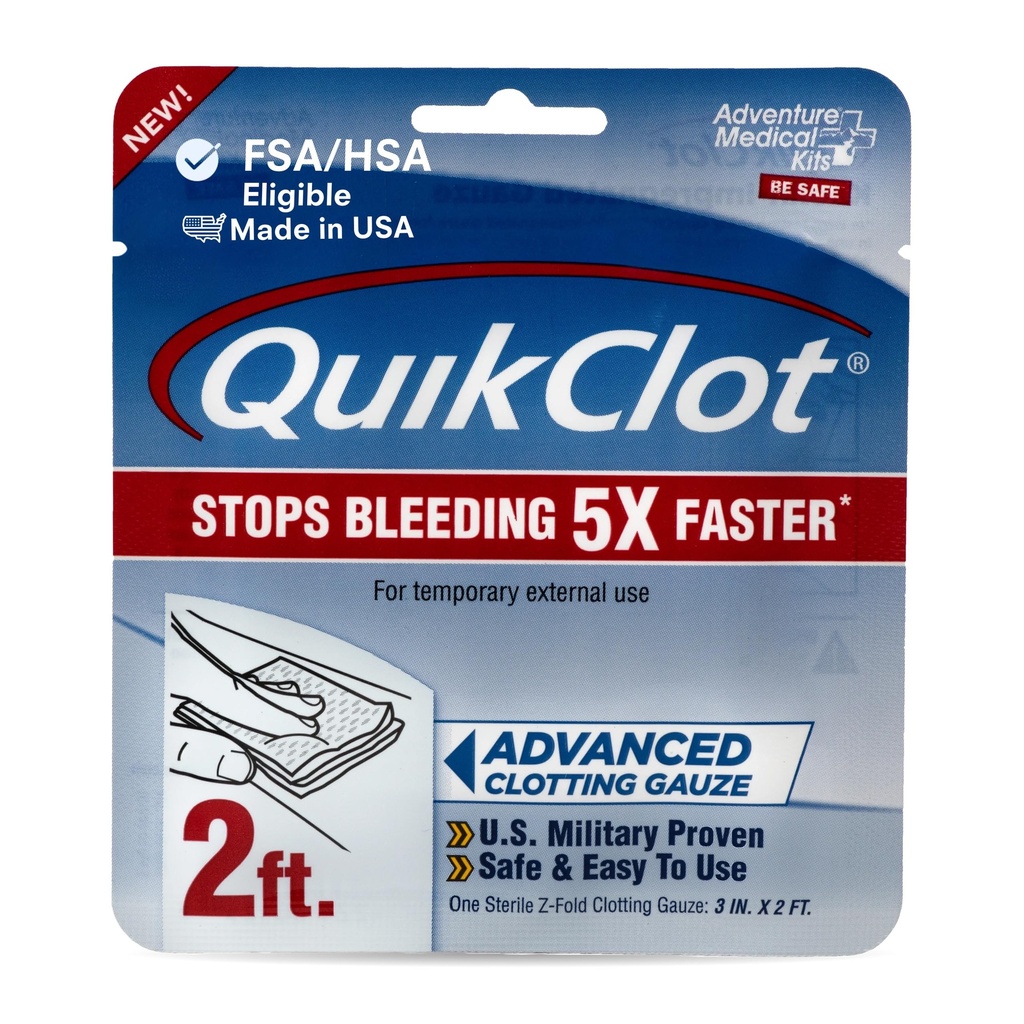 Kits médicos de aventura QuikClot Gauze - Gaze médico hemostática flexível para kits de emergência ou preparação de desastres e mais - pára de sangrar rápido com caulim - 3" x 24"