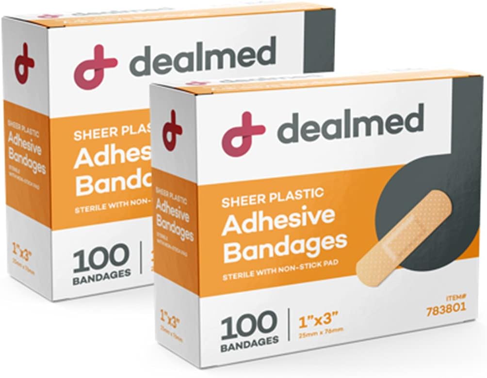 Dealmed Sheer plástico bandagens de adesivo flexível – 100 Count (2 Pack) Bandagens com não-Stick Pad, Látex livre, Ferimento para Kit de Primeiros Socorros, 1" x 3"
