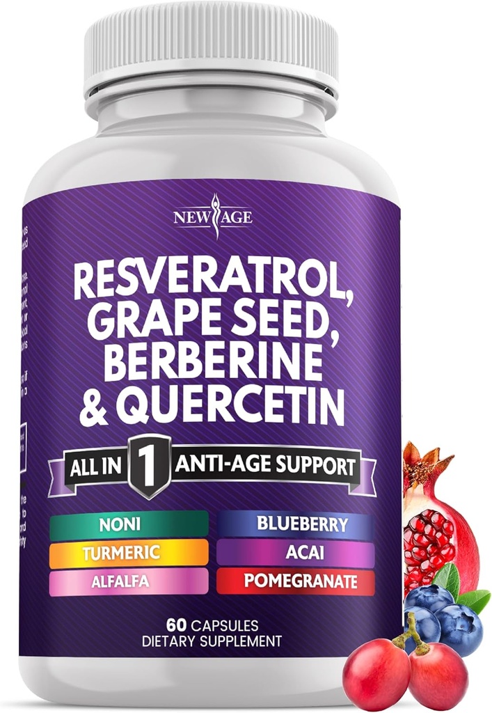 NOVA IDADE Resveratrol, Berberina, Extrato de Sementes de Uva, Quercetina - Suplemento de Polifenol para Mulheres e Homens com Extrato de Noni, N-Acetil Cysteine, Extrato de Acai - 60 Cápsulas