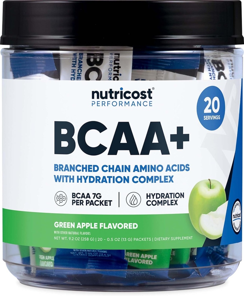 Nutricost BCAA+ Hydration Green Apple Flavored (20 Stickpacks) - Ranched Chain Amino Acids with Hydration Complex - Gluten-Free, Non-GMO