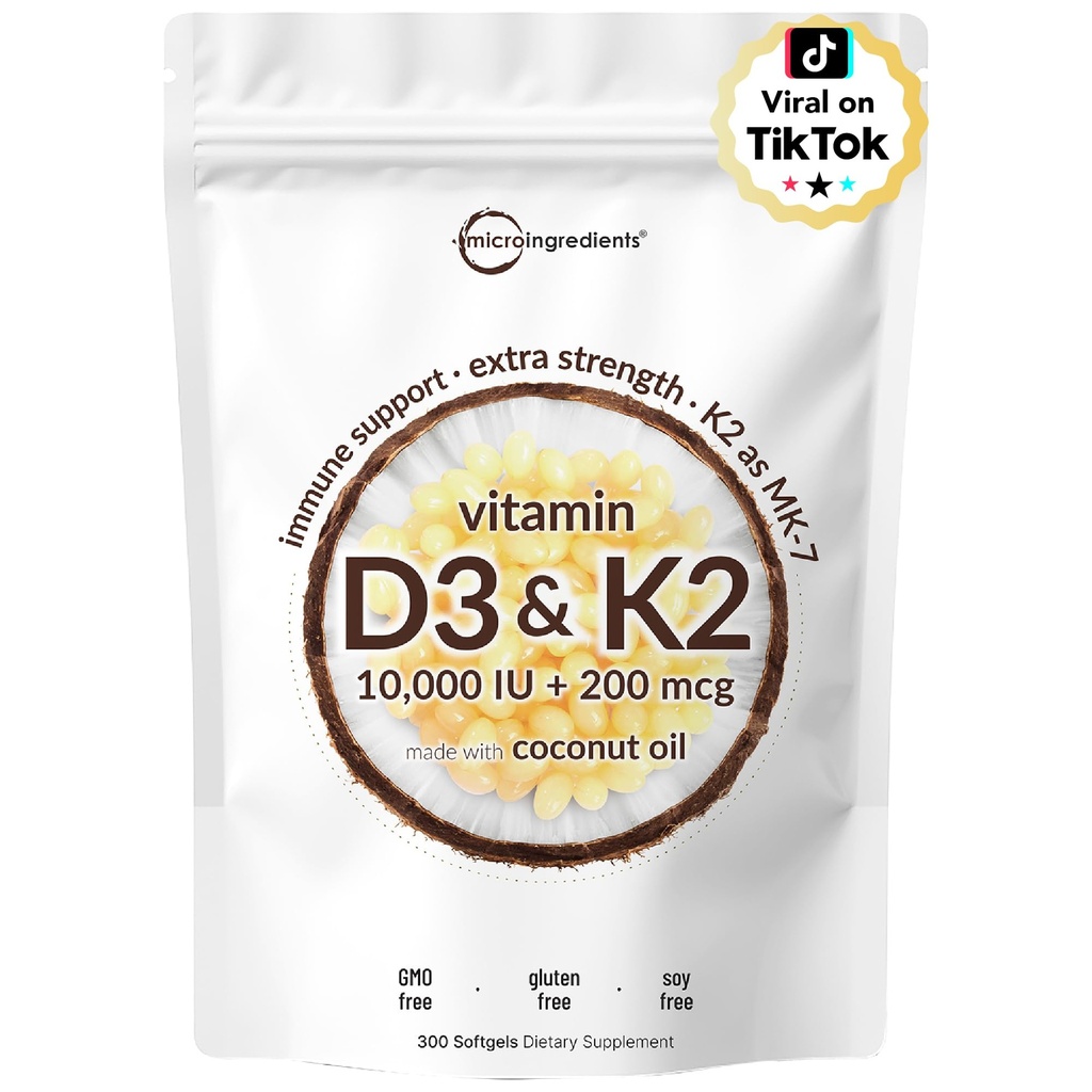 Micro Ingredientes Vitamina D3 10.000 UI + K2 MK-7 200 mcg, 300 Softgels com Óleo de Coco Virginal Complexo de 2-em-1 Vitaminas D & K, Força extra, Fácil de Engolir, Não-GMO, Sem glúten