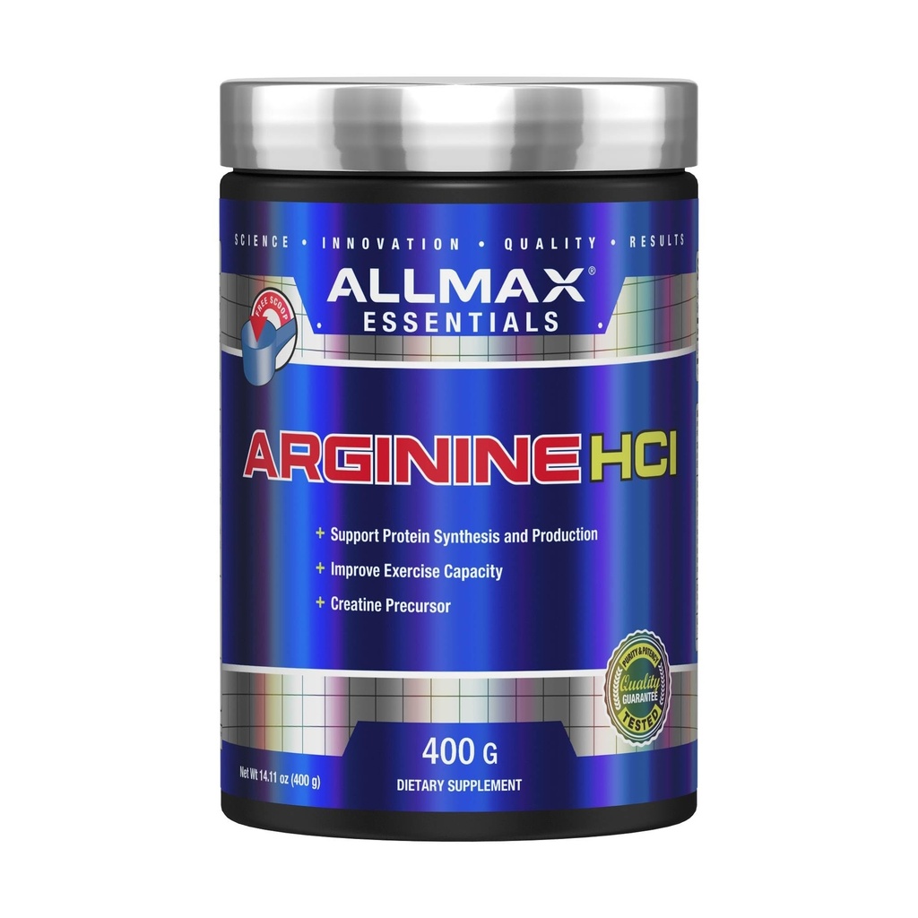 ALLMAX Essentials ARGININE HCL - 400 g - Precursor para síntese de óxido nítrico - Vegan & Gluten Free - 200 Servings