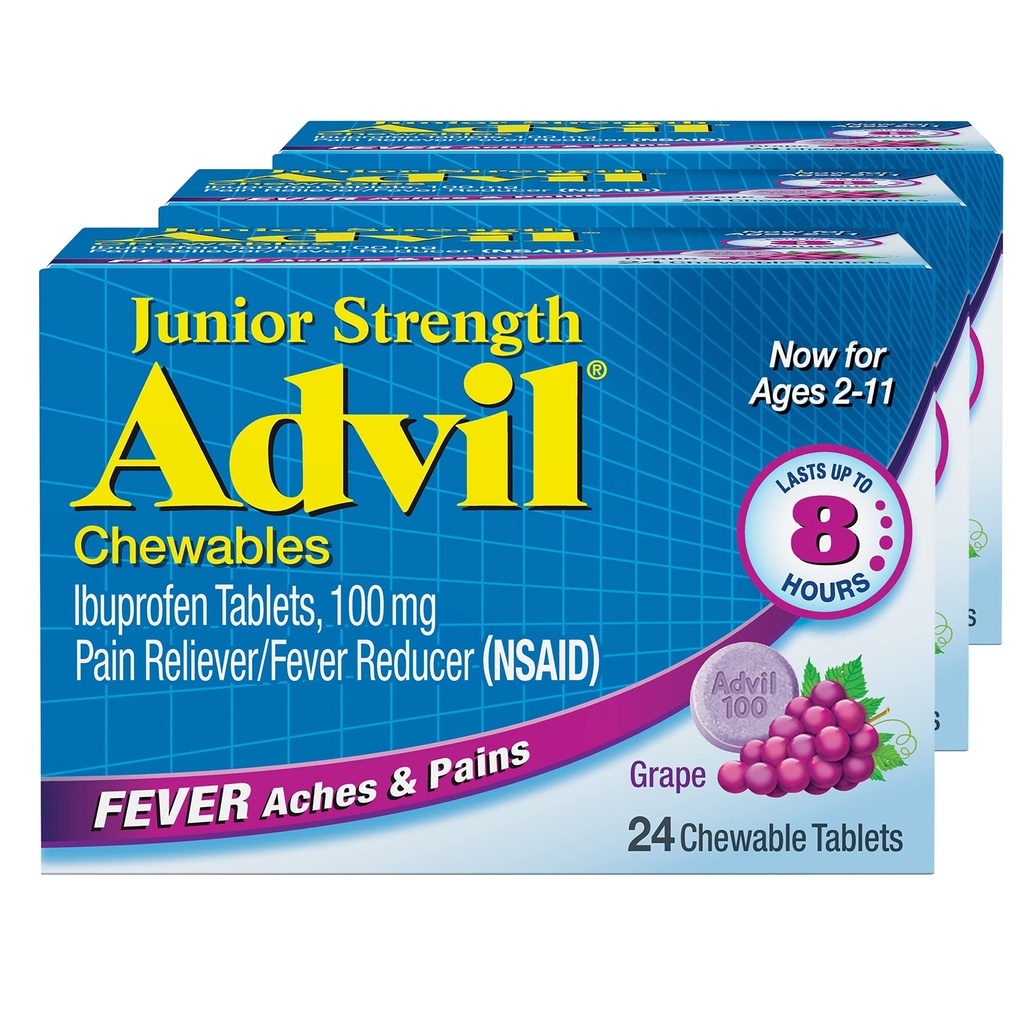 Advil Junior força mastigável Ibuprofeno alívio da dor e redutor de febre, Ibuprofeno infantil para alívio da dor, uva - 24 comprimidos (Pacote de 3)