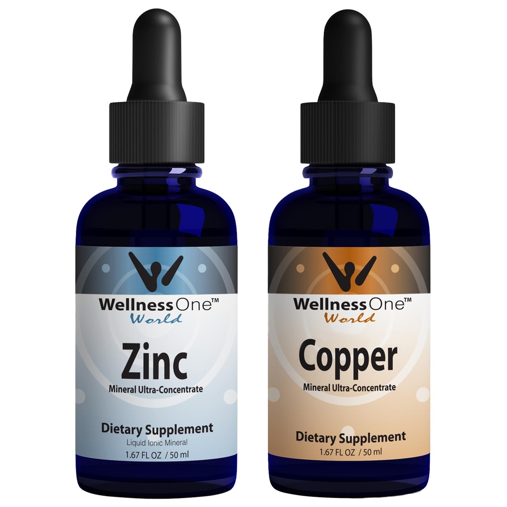 WellnessOne líquido iônico Zinco e cobre líquido - Zinc-Copper Bundle para apoiar o sistema imunológico e a articulação, nervos e saúde óssea - 1,67 fl oz Zinc & Copper Liquid Drops