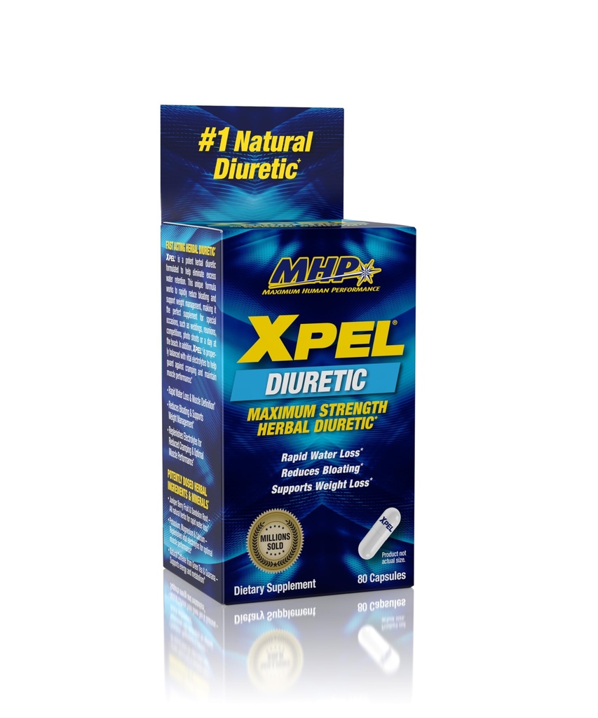 Máximo desempenho humano Xpel Pílulas de água diurética de força máxima, para alívio de retenção de água, suporte de perda de peso, com Vitamina B-6 Potássio Dandelion Raiz, 80 Cápsulas