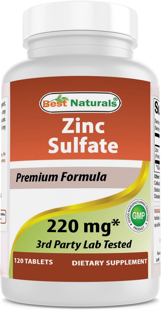 Melhor Naturals Zinc Sulfate 220 mg 120 Comprimidos - Laboratório 3o partido testado - Made in the USA - Gluten Free & Non-GMO