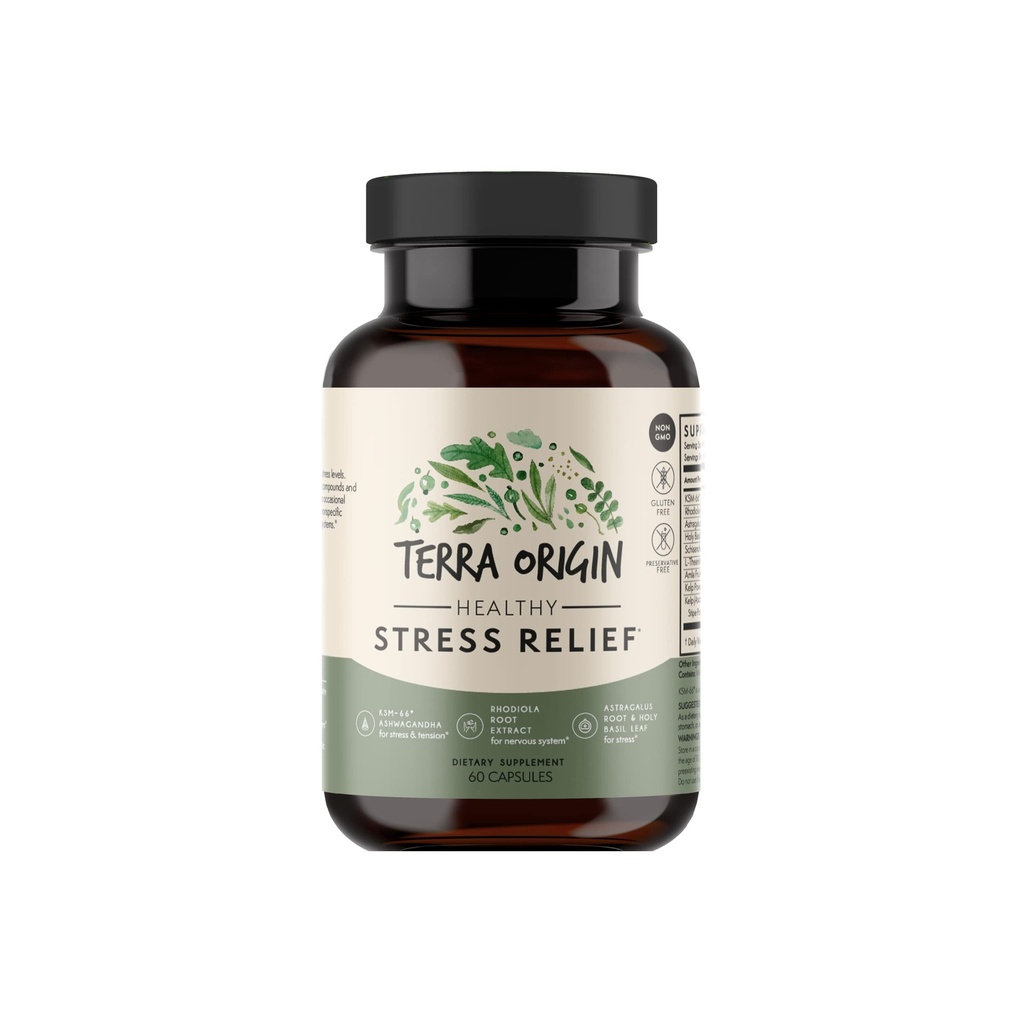 TERRA ORIGIN Suplemento de Stress Saudável 60 Cápsulas (KSM-66 Organic Ashwagandha, L-Theanina, Rhodiola Extract, Astragalus Root e Holy Basil)