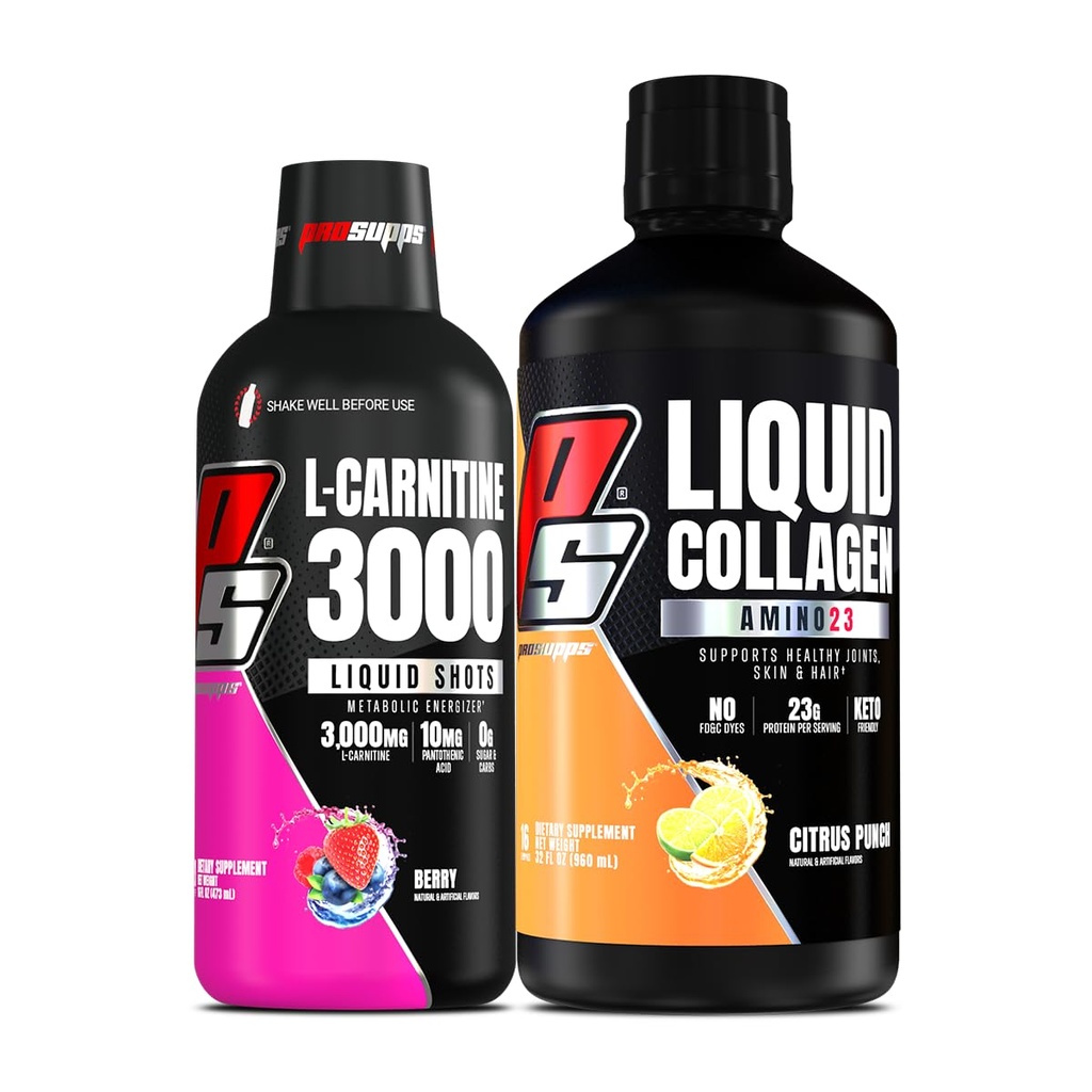 PROSUPPS L-Carnitina 3000 Estimulante Free Liquid Shots (Berry) Amino23 Liquid Collagen Shots (Citrus Punch) Bundle