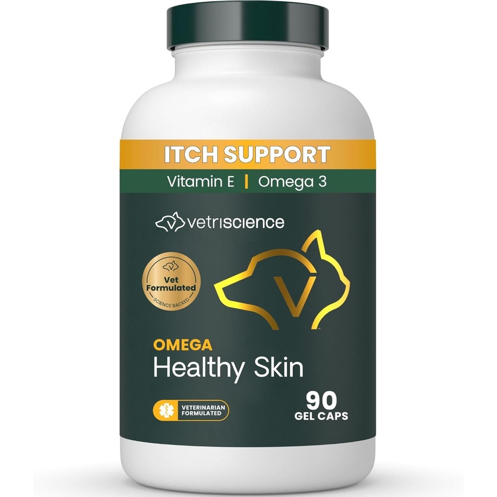 VetriScience Omega Cápsulas de pele saudável, Omega 3.6.9 Suplemento de óleo de peixe para cães e gatos, saúde da pele, crescimento do casaco, reduzir o derramamento, mais de 750 mg de ácidos gordos Omega por cápsula, bonés Gel, 90 contagem