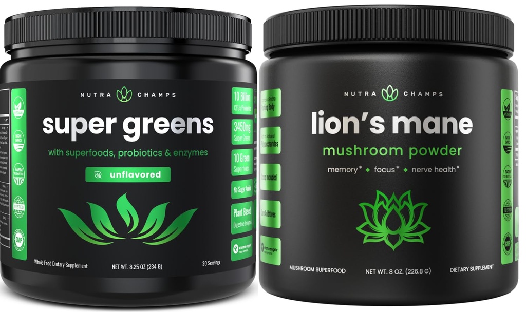 NutraChamps Super Verde sem sabor & Pó de Mane Leão. Pacote de Verdes e Adaptogen