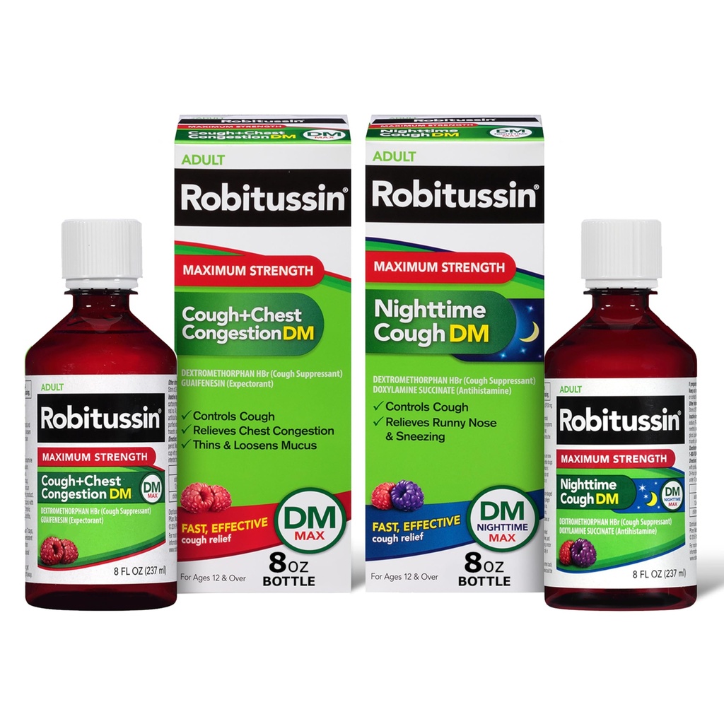 Robitussin DM Max Tosse Plus Congestão torácica e Robitussin Máxima Força Noturna Tosse DM, Fórmulas Adultos - 2 x 8 Garrafas Fl Oz