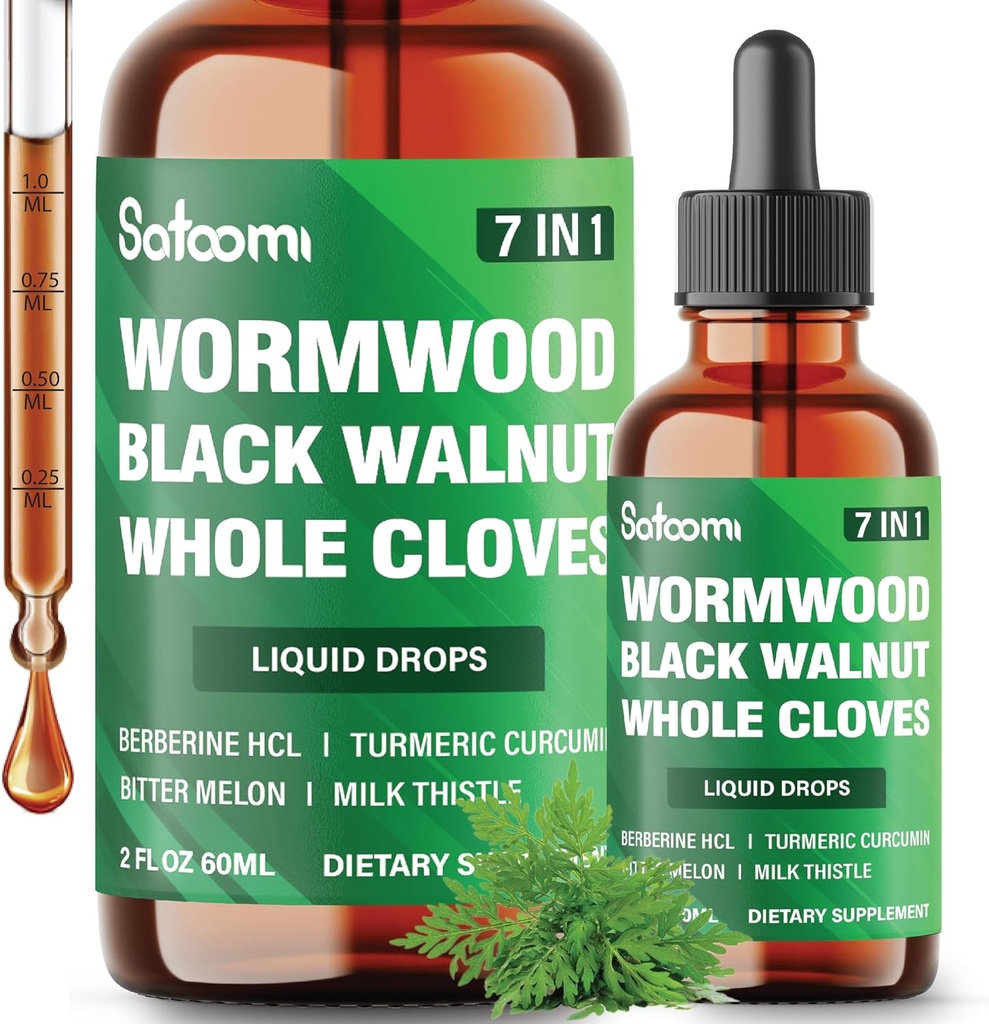 Satoomi 7in1 Gotas líquidas de Wormwood com noz preta, Cravo inteiro, berberina, cardo de leite, melão amargo e açafrão - 60ml por 60 dias