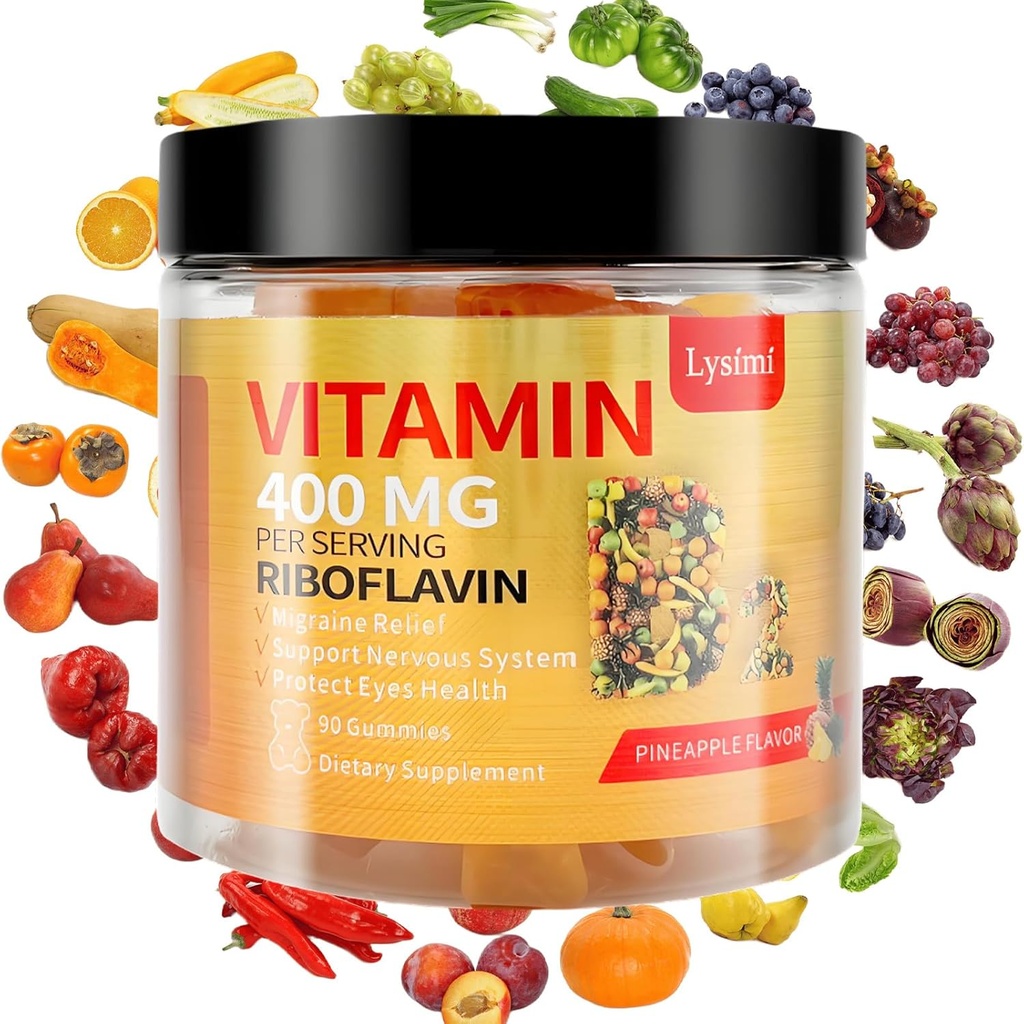 Vitamina B2 Gummies, Vitamina B2 Riboflavina Gummies 400mg, Aliviação de Enxaquecas e Aliviação de Cefaleias Riboflavina Vitamina B2 Gummies, Soy & Gluten-Free, 90 Gummies Vitamina para Crianças e Adultos