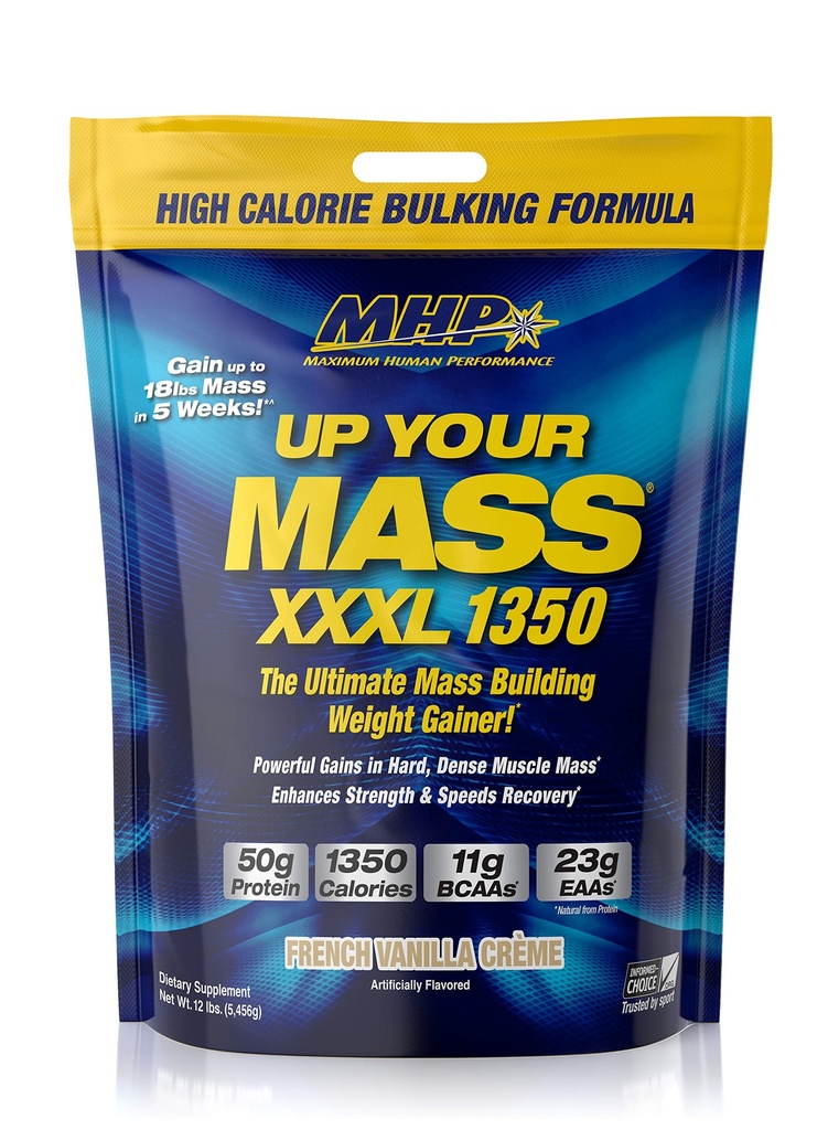 Máximo desempenho humano MHP UYM XXXL 1350 Mass Building Weight Gainer, ganhos de massa muscular, w/50g de proteína, altas calorias, 11g BCAAs, Leucina, French Vanilla Creme, 16 Servings