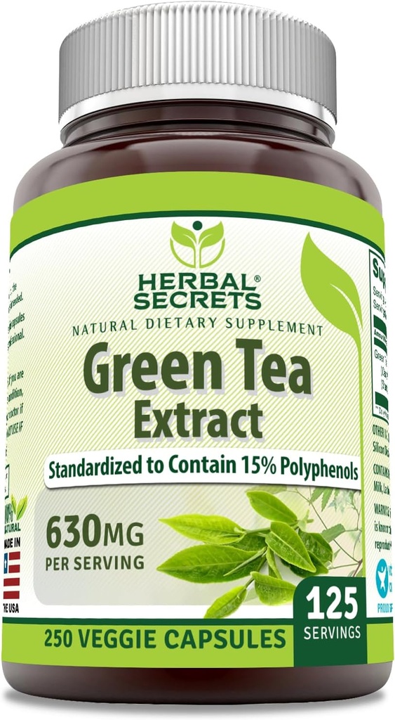 Herbal Secrets Green Tea Extract 630 Mg Per Serving Suplemento Veggie Cápsulas Não-GMO □ Gluten Free □ Made in USA (1 Pack, 250 Count)