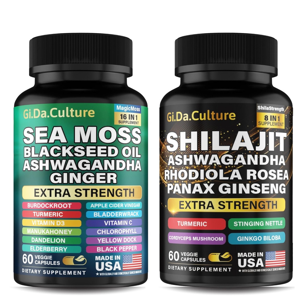 Shilajit and Sea Moss Combo - Sea Moss and Shilajit Bundle with Ashwagandha, Black Seed, Turmeric, Bladderwrack, Burdock, Black Pepper with Vitaminas and Antioxidants - 120 Veggie Cápsulas