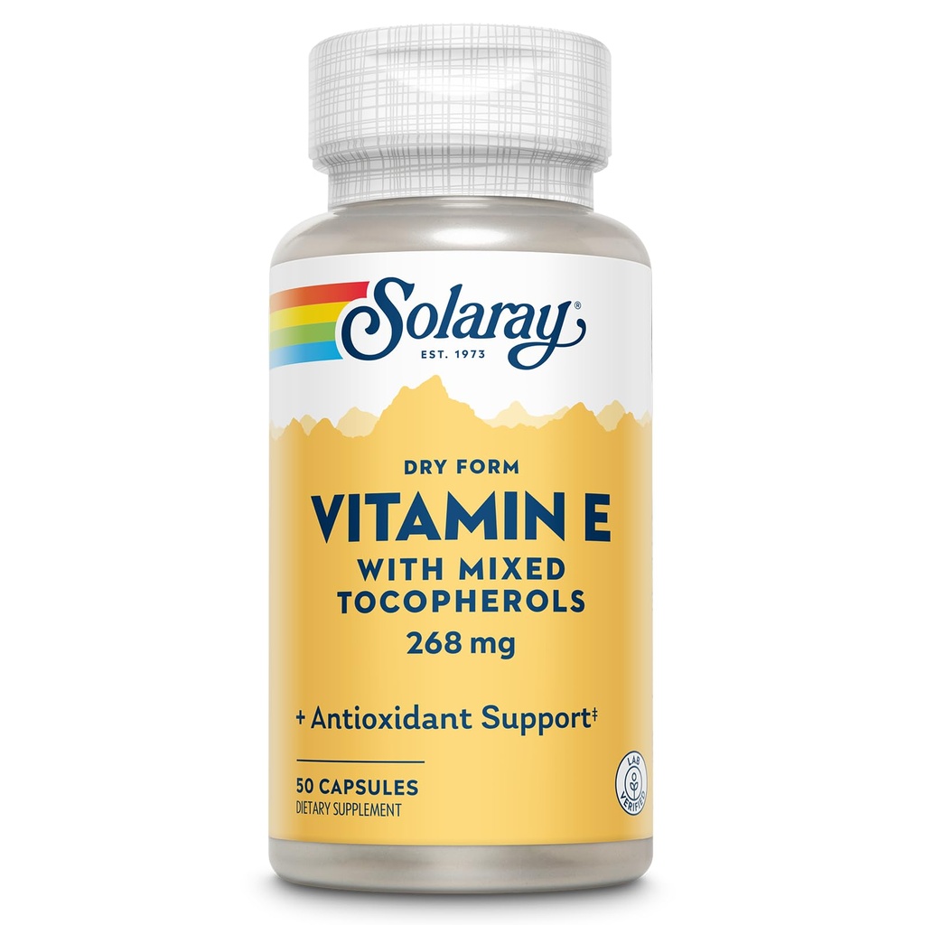 SOLARAY Vitamina E 400 UI (268mg), Forma seca com Tocoferóis mistos Vitamina E - Suplemento antioxidante, PMS e Suporte de Menopausa - Garantia de 60 dias, Laboratório verificado - 50 Servões, 50 Cápsulas