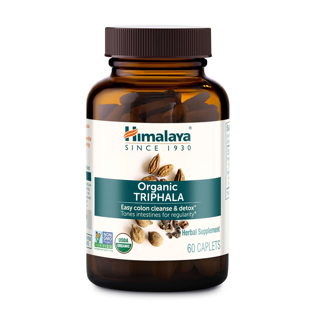 Himalaya Organic Triphala, 2 Mês de Fornecimento, para limpeza de cólon, detox e constipação ocasional, USDA Certified Organic, Non-GMO, Gluten-Free, Extract & Powder Herbal Supplement, 688 mg, 60 Caplets