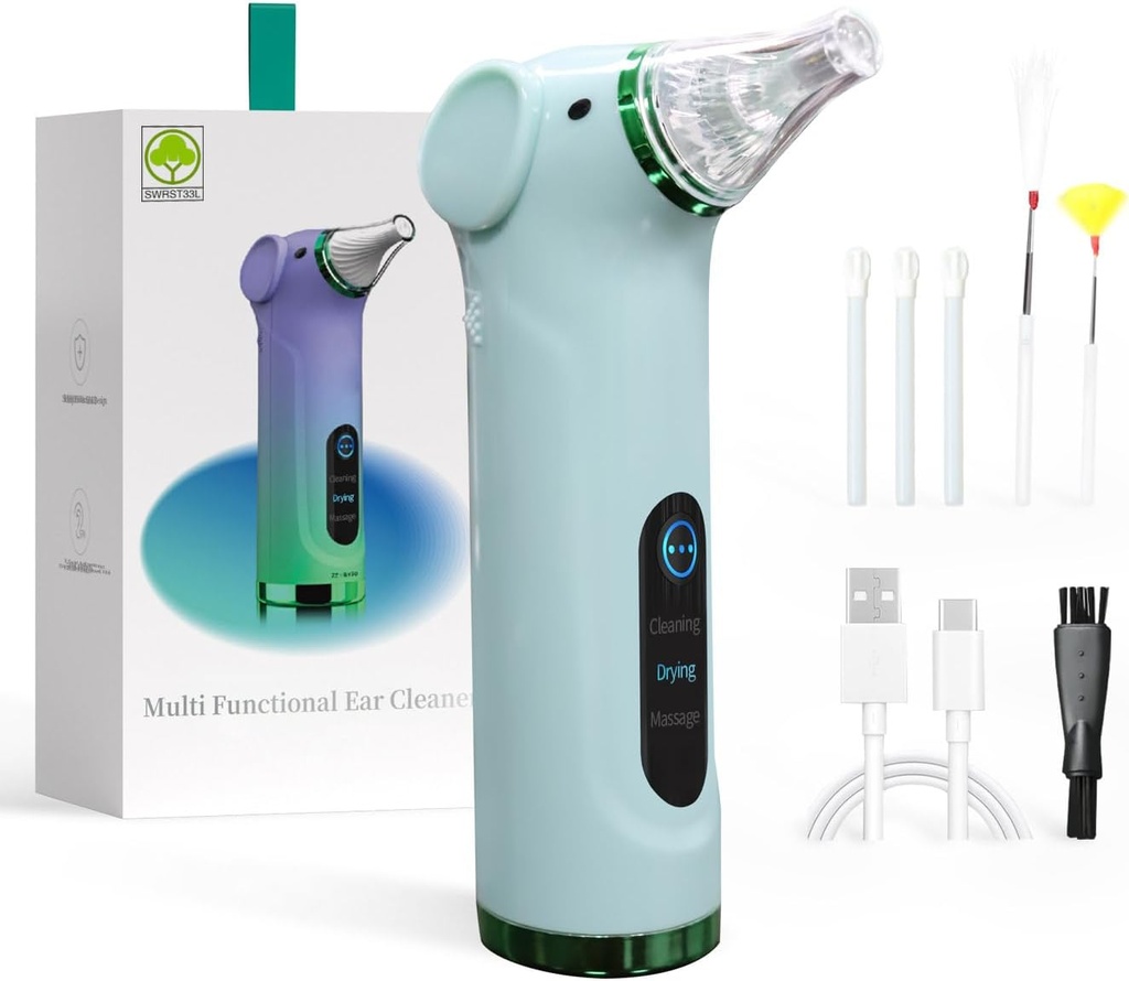 Ferramenta de remoção de cera elétrica multifuncionais de ouvido Kit de limpeza de ouvido - Secagem de ouvido Canal & Massaging orelha, para adultos e crianças (verde)