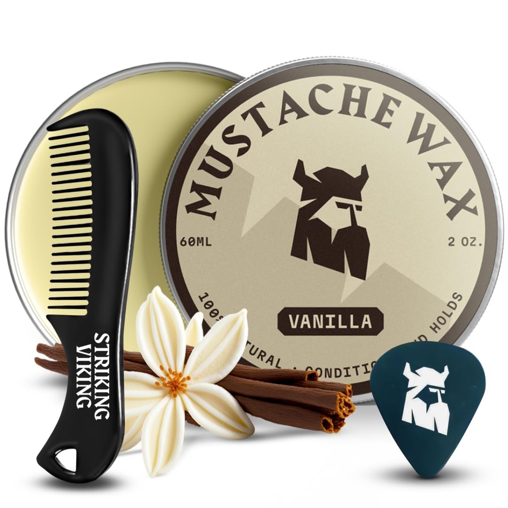 Striking Viking Mustache Wax & Comb Kit - 2 onças, Baunilha - Kit completo Mustache Grooming para homens - Strong-Hold Styling & Cera Forte Hold - Pocket-Sized Precision & Styling Comb