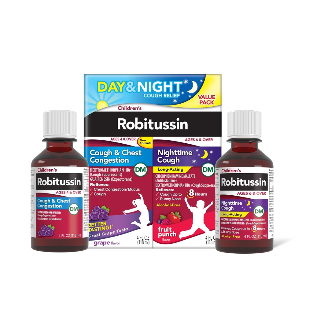 Robitussin DM Dia e noite Tosse Relief Value Pack, Tosse Medicine, Grape/Fruit Punch Flavor - 4 Fl Oz x 2