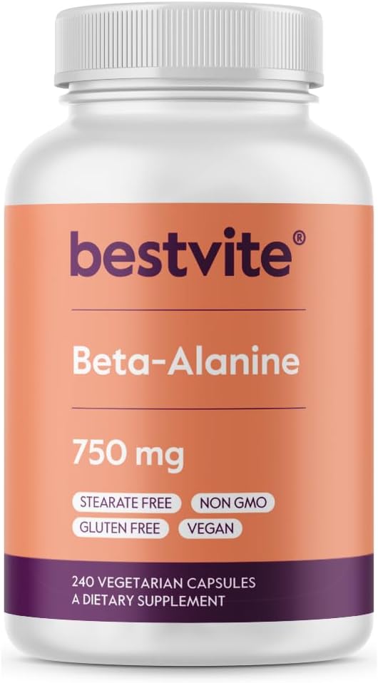 BESTVITE Beta Alanine 750mg (240 Cápsulas vegetarianas) - Sem estearatos - Vegan - Não OGM - Gluten Free